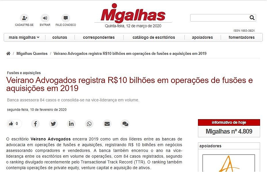 Veirano Advogados registra R$10 bilhes em operaes de fuses e aquisies em 2019